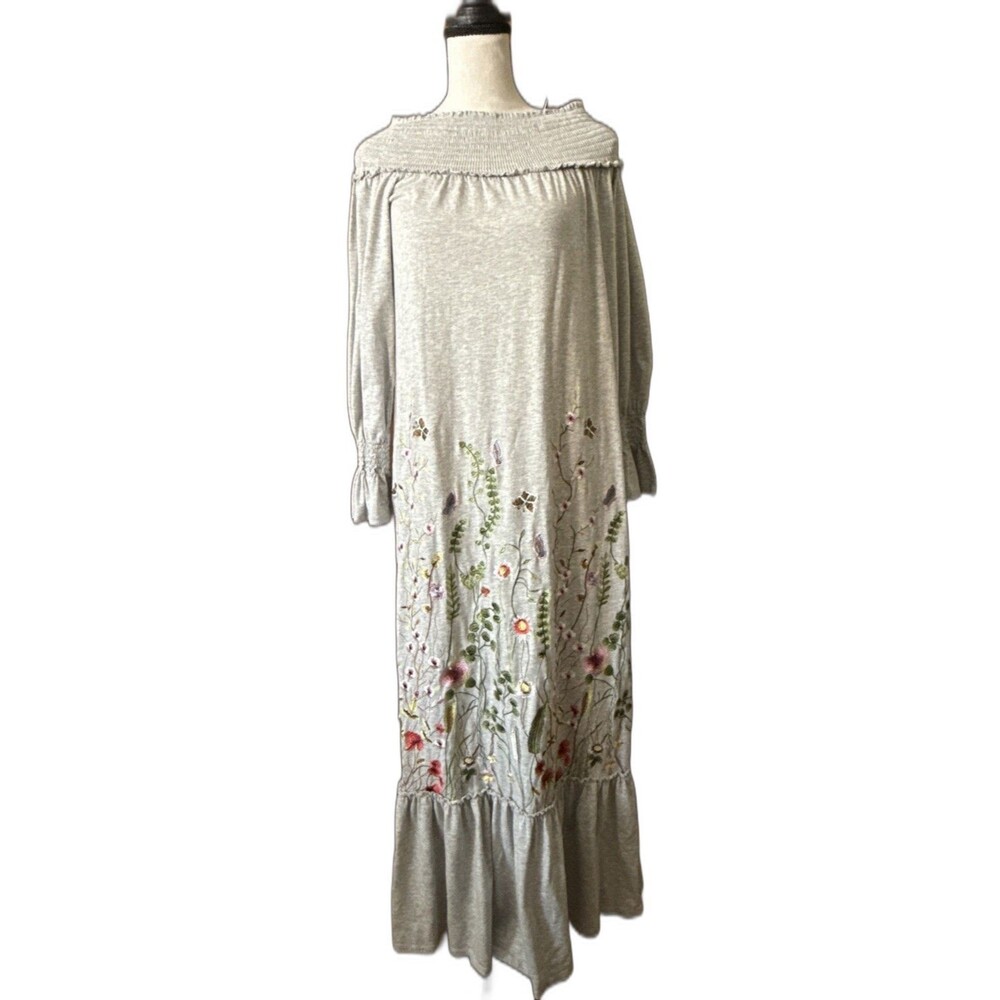 Boston Proper Smocked Embroidered Maxi Dress Size S On/Off Shoulder Ruffles